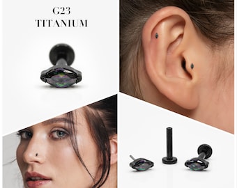 20G/18G/16G Black Vitrail Medium Marquise Push Pin Labret • Threadless Flat Back Earring • Tragus Stud • Helix • Cartilage Stud • Nose Stud