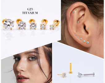 20G/18G/16G 1.5mm-4mm Gold Push Pin Labret • Threadless Flat Back Earring • Tragus Stud • Helix Stud • CZ Stud • Cartilage Stud • Nose Stud