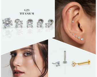 20G/18G/16G 1.5mm-4mm Silver Push Pin Labret • Threadless Flat Back Earring • Tragus Stud • Helix Stud • CZ • Cartilage Stud • Nose Stud