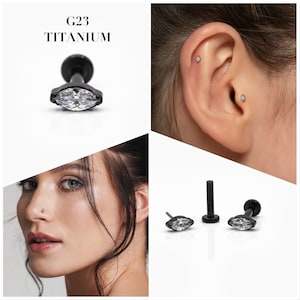 20G/18G/16G Black Marquise Push Pin Labret • Threadless Flat Back Earring • Tragus Stud • Helix Stud • CZ Stud • Cartilage Stud • Nose Stud
