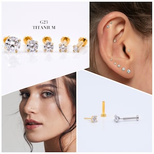 20G/18G/16G 1.5mm-4mm Gold Push Pin Labret • Threadless Flat Back Earring • Tragus Stud • Helix Stud • CZ Stud • Cartilage Stud • Nose Stud