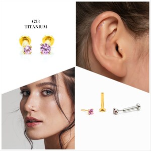 20G/18G/16G 1.5mm-2mm Pink Push Pin Labret • Threadless Flat Back Earring • Tragus Stud • Helix Stud • CZ Stud • Cartilage Stud • Nose Stud