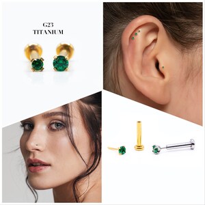 20G/18G/16G 1.5mm-2mm Green Push Pin Labret • Threadless Flat Back Earring • Tragus Stud • Helix Stud • CZ Stud • Cartilage Stud • Nose Stud