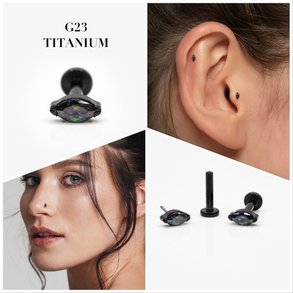 20G/18G/16G Black Vitrail Medium Marquise Push Pin Labret • Threadless Flat Back Earring • Tragus Stud • Helix • Cartilage Stud • Nose Stud