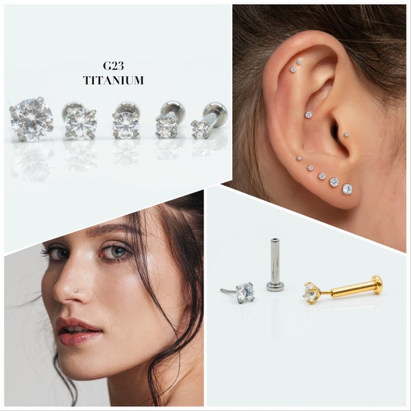 20G/18G/16G 1.5mm-4mm Silver Push Pin Labret • Threadless Flat Back Earring • Tragus Stud • Helix Stud • CZ • Cartilage Stud • Nose Stud