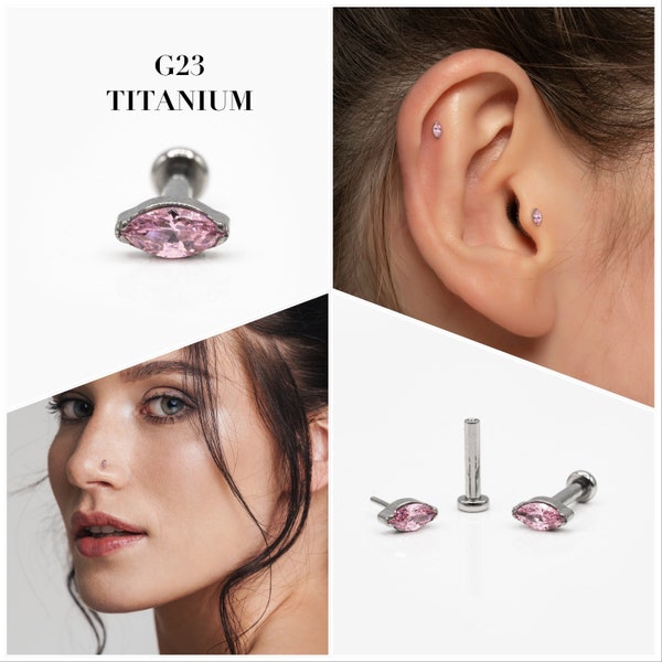 20G/18G/16G Pink Marquise Push Pin Labret • Threadless Flat Back Earring • Tragus Stud • Helix Stud • CZ Stud • Cartilage Stud • Nose Stud