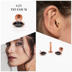 20G/18G/16G Rose Gold Black Marquise Push Pin Labret • Threadless Flat Back Earring • Tragus Stud • Helix Stud • Cartilage Stud • Nose Stud