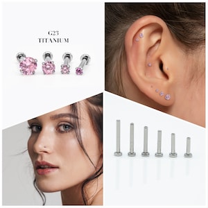 20G/18G/16G 1.5mm-4mm Pink Push Pin Labret • Threadless Flat Back Earring • Tragus Stud • Helix Stud • CZ Stud • Cartilage Stud • Nose Stud