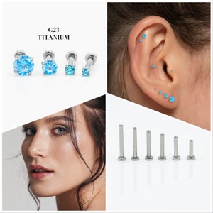 20G/18G/16G 1.5mm-4mm Aqua Blue Push Pin Labret • Flache Rückseite Ohrring • Tragus Ohrstecker • Helix Ohrstecker • CZ • Knorpel Ohrstecker • Nasen Ohrstecker