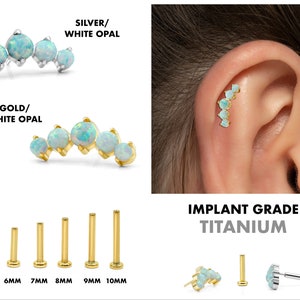 Labret con pasador de presión de ópalo blanco largo de 20G/18G/16G • Arete con parte posterior plana sin rosca • Arete para tragus • Arete para hélice • Arete para cartílago • Arete para nariz