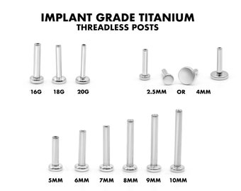 16G/18G/20G Threadless Implant Grade Titanium Posts • Push Pin Back • Flat Back • Helix • Conch • Tragus • Nose Stud • Labret Replacement