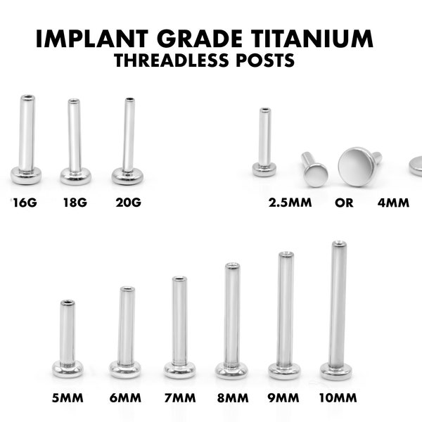 16G/18G/20G Threadless Implant Grade Titanium Posts • Push Pin Back • Flat Back • Helix • Conch • Tragus • Nose Stud • Labret Replacement