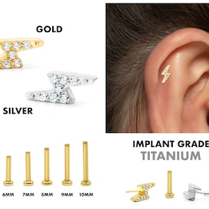 20G/18G/16G Lightening Bolt Push Pin Labret • Threadless Flat Back Earring • Tragus Stud • Helix Stud • Daith Stud • Cartilage Earring