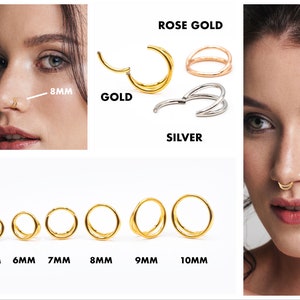 May include: Nose rings in gold, rose gold, and silver. The rings are available in sizes 5mm, 6mm, 7mm, 8mm, 9mm, and 10mm.  The rings are shown on a model's nose.