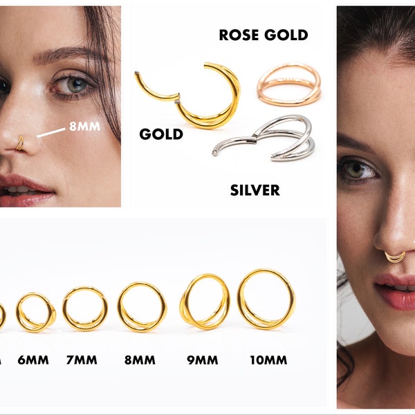 16G/18G/20G 5mm-10mm Double Ring Septum Piercing Nose Clicker Nose Ring Hoop Hinged Segment Seamless Gold Silver Rose Gold Surgical Steel