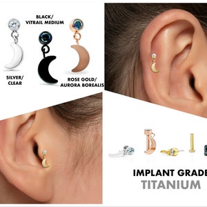 20G/18G/16G Crescent Moon Push Pin Labret • Threadless Flat Back • Tragus Stud • Helix Stud • Cartilage Hanging Earring • Dangle Stud
