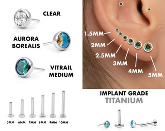 20G/18G/16G 1.5mm-5mm Bezel Set CZ Push Pin Labret • Threadless Flat Back Earring • Tragus Stud • Helix Stud • Cartilage Earring • Nose Stud