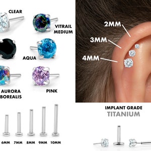 20G/18G/16G 2mm-4mm Push Pin Labret • Threadless Flat Back Earring • Tragus Stud • Helix Stud • CZ Stud • Cartilage Earring • Nose Stud