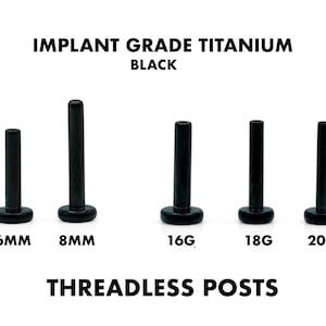 Postes negros de titanio de grado implante sin rosca de 16G/18G/20G • Parte posterior con pasador de presión • Parte posterior plana • Hélice • Trago • Perno nasal • Reemplazo de labret