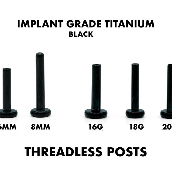 16G/18G/20G Threadless Implant Grade Titanium Black Posts • Push Pin Back • Flat Back • Helix • Tragus • Nose Stud • Labret Replacement