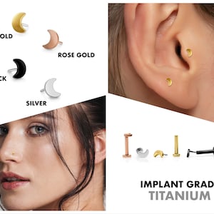 20G/18G/16G Tiny Crescent Moon Push Pin Labret • Threadless Flat Back Earring • Tragus Stud • Helix Stud • Cartilage Earring • Nose Stud