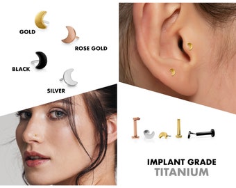 20G/18G/16G Tiny Crescent Moon Push Pin Labret • Threadless Flat Back Earring • Tragus Stud • Helix Stud • Cartilage Earring • Nose Stud