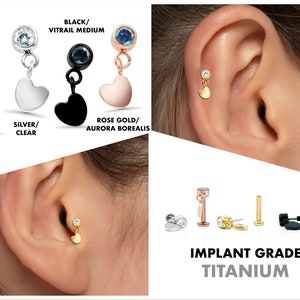 Labret con pasador de empuje en forma de corazón pequeño de 20G/18G/16G • Espalda plana sin rosca • Stud para tragus • Stud para hélice • Pendiente colgante para cartílago • Stud colgante