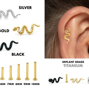 20G/18G/16G Snake Push Pin Labret • Threadless Flat Back Earring • Tragus Stud • Helix Stud • Daith Stud • Cartilage Earring • Piercing