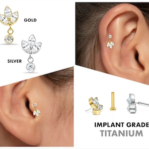 20G/18G/16G Triple Marquise Leaf Push Pin Labret • Threadless Flat Back • Tragus Stud • Helix Stud • Cartilage Hanging Earring • Dangle Stud