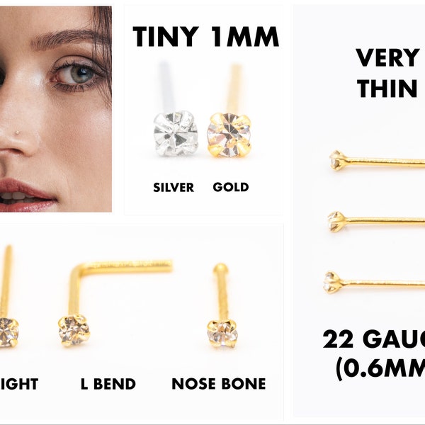 22 G Très PETIT clous de nez en diamant de 1 mm Anneaux de nez en or ou en argent sterling Petits bijoux de nez 22 G Piercing de nez fin et courbé en L