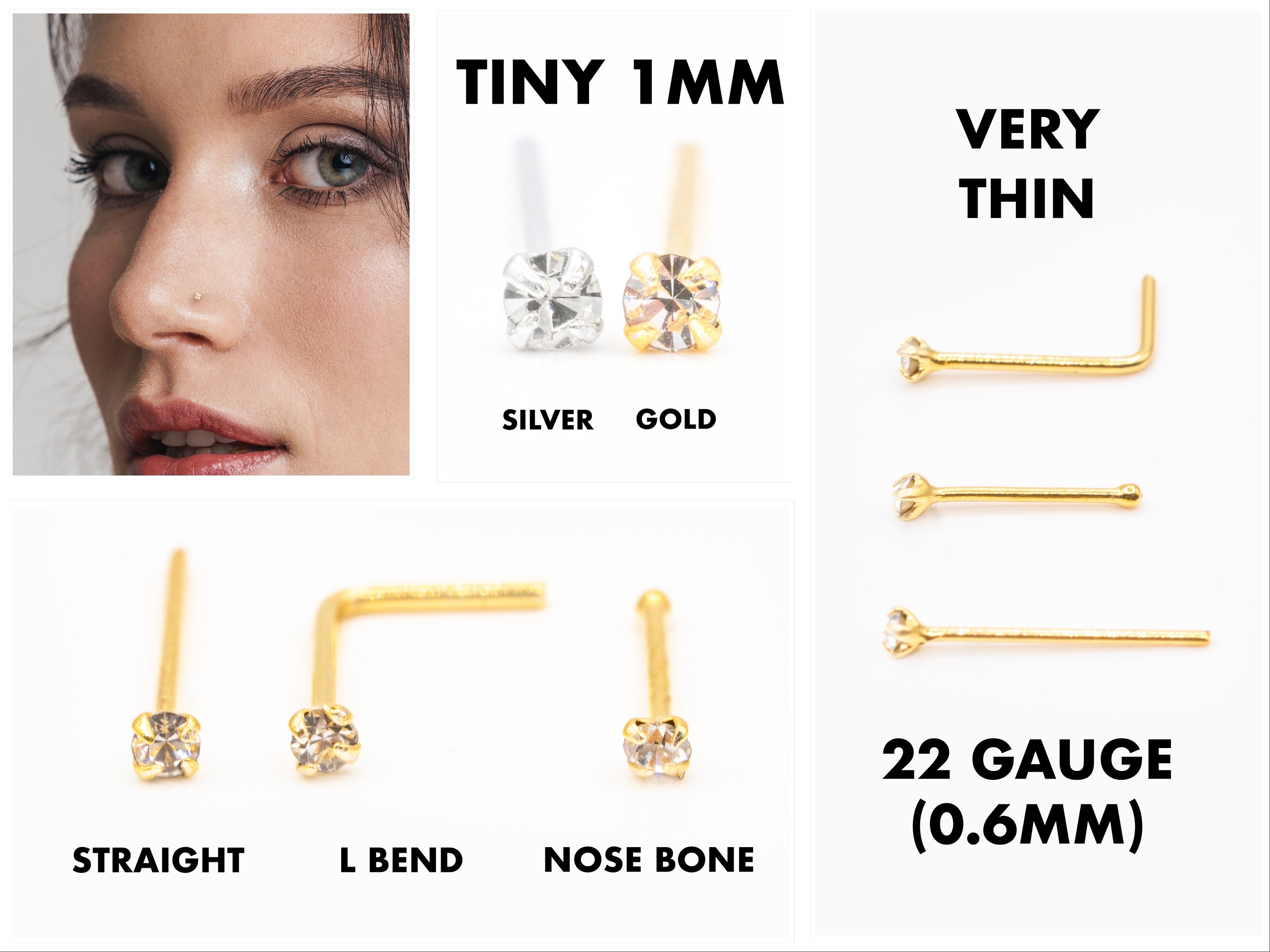 22G Very TINY 1mm Diamond Nose Studs Gold or Sterling Silver Nose Rings Small Nose Jewelry 22G L Bend Nose Bone Straight Thin Nose Piercing Etsy