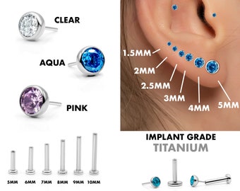 20G/18G/16G 1.5mm-5mm Bezel Set CZ Push Pin Labret • Threadless Flat Back Earring • Tragus Stud • Helix Stud • Cartilage Earring • Nose Stud