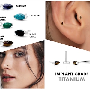 20G / 18G / 16G Naturstein Marquise Push Pin Labret • fadenlose flache Rückseite • Tragus Bolzen • Helix Ohrstecker • Knorpelohrring • Nasenstecker