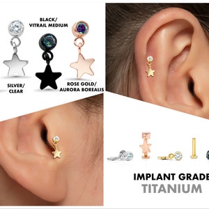 20G/18G/16G Tiny Star Push Pin Labret • Threadless Flat Back • Tragus Stud • Helix Stud • Cartilage Hanging Earring • Dangle Stud