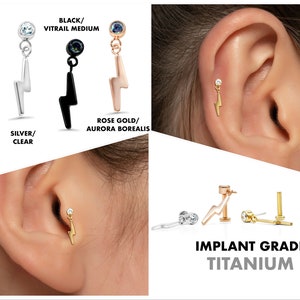 20G/18G/16G Tiny Lightening Bolt Push Pin Labret • Threadless Flat Back • Tragus Stud • Helix Stud • Cartilage Hanging Earring • Dangle Stud