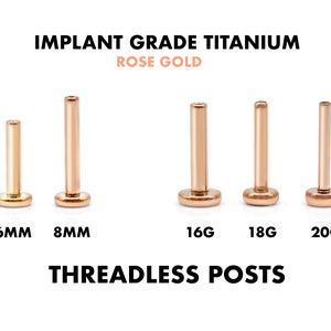 16G/18G/20G Threadless Implant Grade Titanium Rose Gold Posts • Push Pin Back • Flat Back • Helix • Tragus • Nose Stud • Labret Replacement