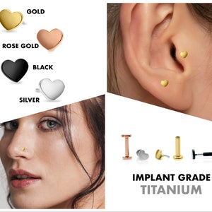 20G/18G/16G Tiny Heart Push Pin Labret • Threadless Flat Back Earring • Tragus Stud • Helix Stud • Cartilage Earring • Nose Stud