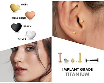 20G/18G/16G Tiny Heart Push Pin Labret • Threadless Flat Back Earring • Tragus Stud • Helix Stud • Cartilage Earring • Nose Stud
