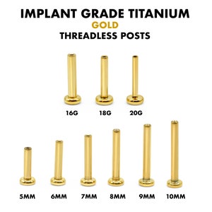 16G/18G/20G Threadless Implant Grade Titanium Gold Posts • Push Pin Back • Flat Back • Helix • Tragus • Nose Stud • Labret Replacement