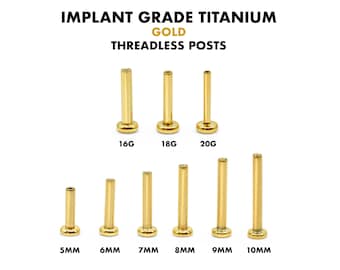 16G/18G/20G Threadless Implant Grade Titanium Gold Posts • Push Pin Back • Flat Back • Helix • Tragus • Nose Stud • Labret Replacement