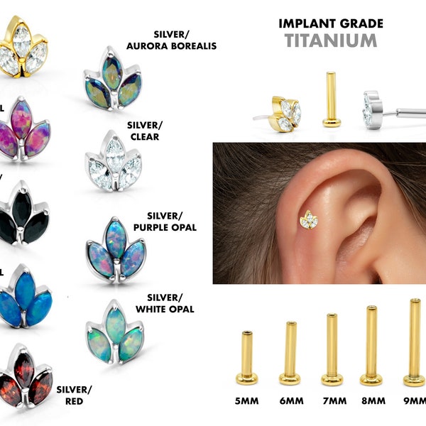 20G/18G/16G Marquise Leaf Push Pin Labret • Threadless Flat Back Earring • Tragus Stud • Helix Stud • Daith Stud • Cartilage Earring •