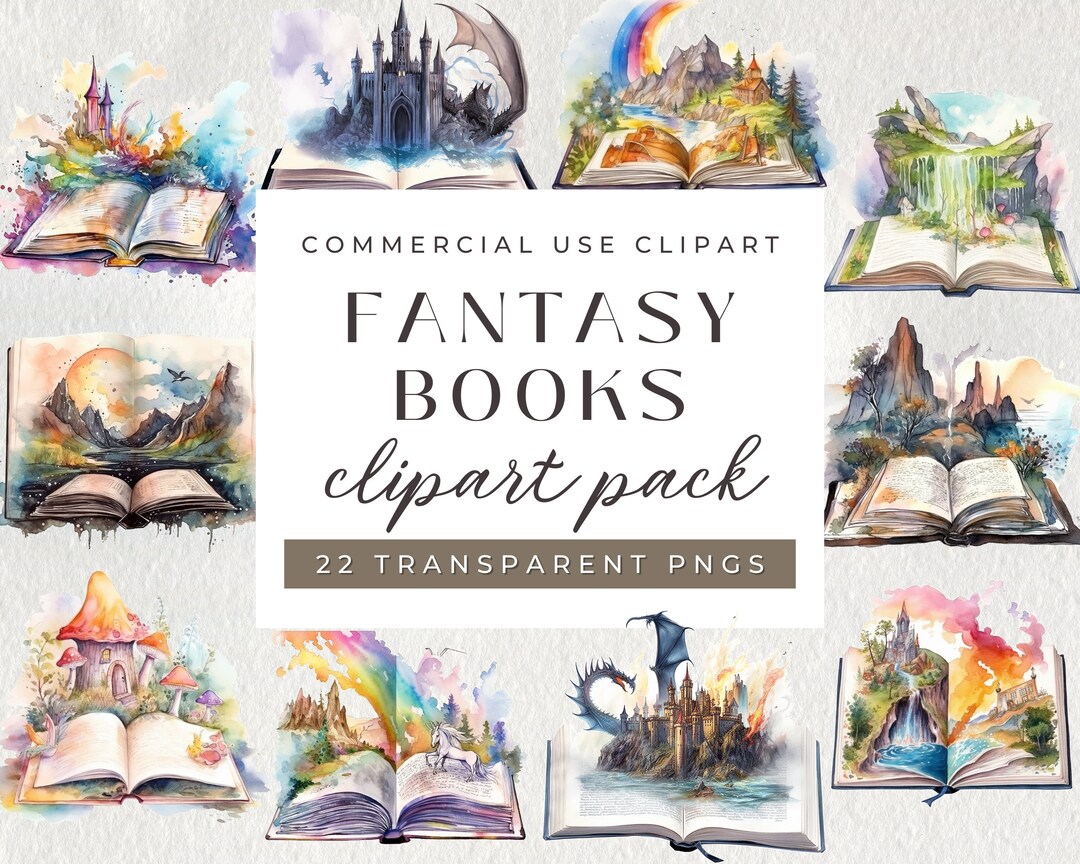 22 PNG Watercolor Fantasy Books Clipart Bundle. Open Book Clip Art. Storybook Magic Books ...