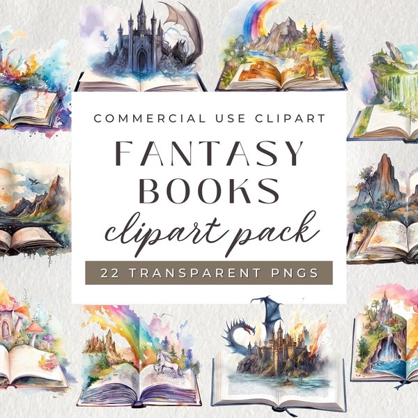 22 PNG aquarel Fantasy boeken clipart bundel. Open boek illustraties. Verhalenboek Magische boeken Regenboog Sprookjeskasteel Draak Fantasielandschappen