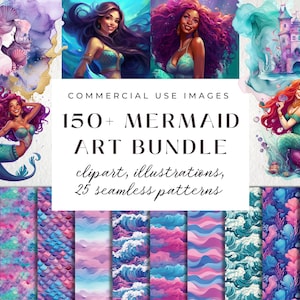 154 PNG Mermaid Art Bundle, Black Girl Magic Mermaid Clipart Mega Bundle, Mermaid Seamless Patterns, Alcohol Ink Clipart, Princess Birthday