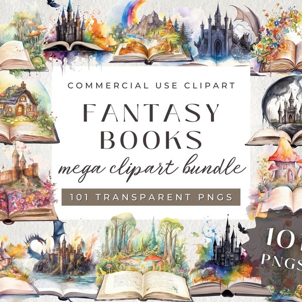 101 PNG Watercolor Fantasy Books Clipart Bundle, Open Book Clip Art Book Bundle Magic Books Fairytale Castle Dragon Enchanted Forest Cottage