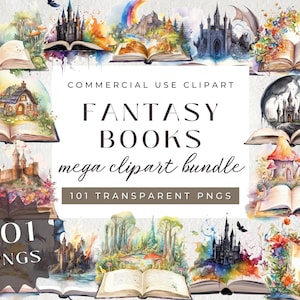 101 PNG aquarel Fantasy boeken clipart bundel, open boek clip art boek bundel magische boeken sprookjeskasteel Dragon Enchanted Forest Cottage
