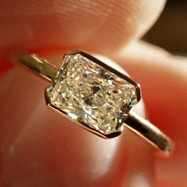 East to West Half Bezel Set Radiant Cut Moissanite Engagement Ring 14K Gold Solitaire Wedding Ring For Women Anniversary Promise Ring Gift