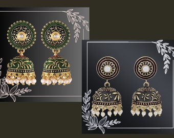 Earrings For Women-Traditional Bollywood Ethnic Bridal Wedding Indian Pearl drop Meenakari kundan Jhumka Jewellery Fashion Jhumki #5
