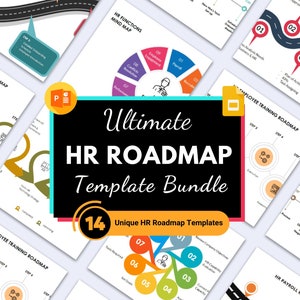 Pode incluir: Uma coleção de 14 modelos de roteiro de RH coloridos para PowerPoint. Os modelos apresentam diferentes funções de RH, incluindo treinamento de funcionários, integração de novos funcionários e folha de pagamento. Os modelos são projetados para ajudar as empresas a planejar e gerenciar seus processos de RH.