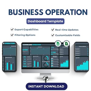 Può includere: Un modello di dashboard blu scuro e grigio per le operazioni aziendali. Il modello include grafici, diagrammi e visualizzazioni dei dati. Il modello è personalizzabile e include funzionalità come le capacità di esportazione, le opzioni di filtro, gli aggiornamenti in tempo reale e i campi personalizzabili. Il modello è disponibile per il download immediato.